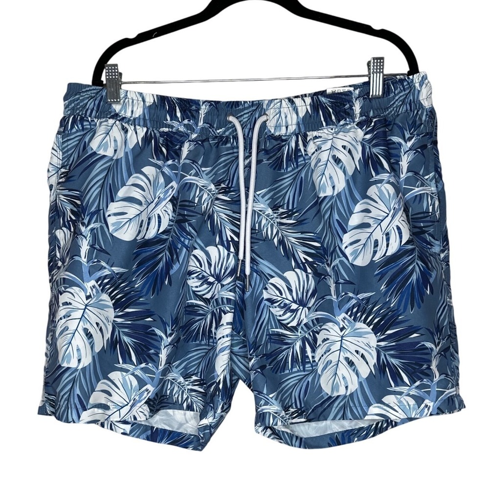 Blue Wave Mens Tropical Monstera Leaf Swim Trunks Blue White XXL Drawstring Mesh